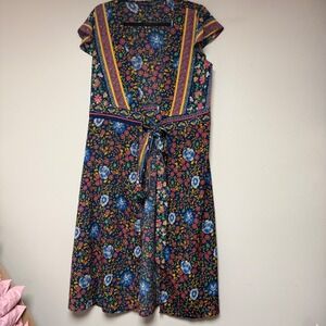 Highness Floral Border Print Dress Womens 2 Navy Blue Excellent Boho Midi 8922